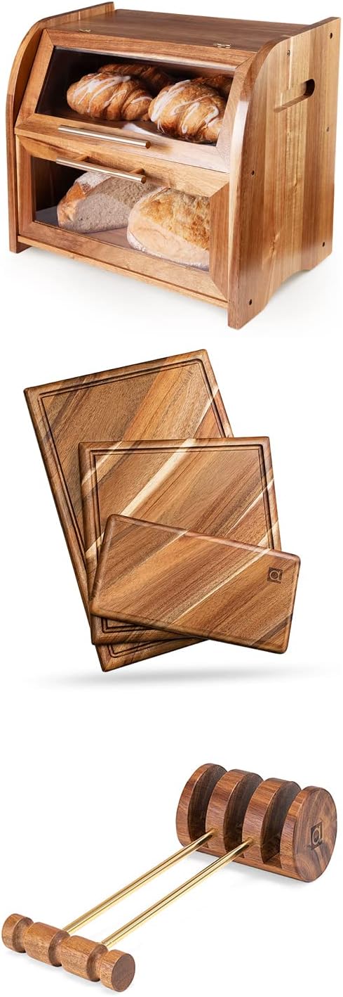 Apace Living Acacia - Bread Box + Cutting Board Set + Multi-Board Stand