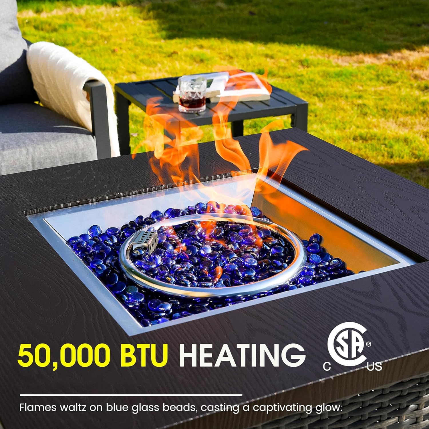 Metal Patio Furniture Set w/Fire Pit Table, 6-Piece Patio Set with 5-Inch Thick Cushions, Outdoor Furniture Set for Garden, Backyard, Balcony, Poolside (Warm Grey)