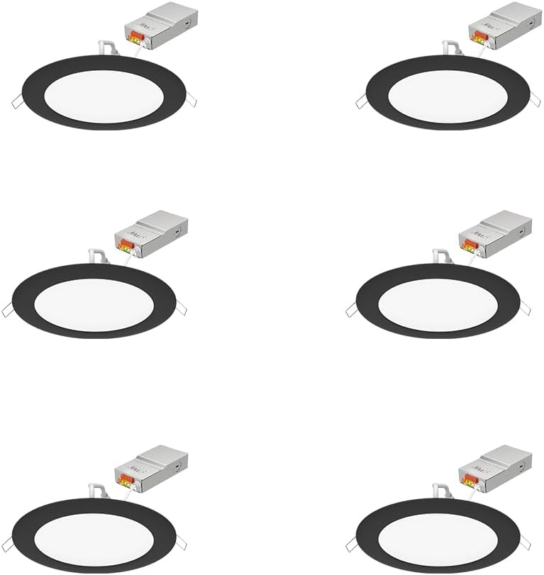 Juno LED Recessed Lights 6 Inch Round Wafer Downlight, 5-in-1 Switchable White Color Temperature, 120 Volts, 6-Inch Ultra-Thin Flat Trim, Matte Black, 6-Pack (WF6 SWW5 90CRI CP6 MB M2)