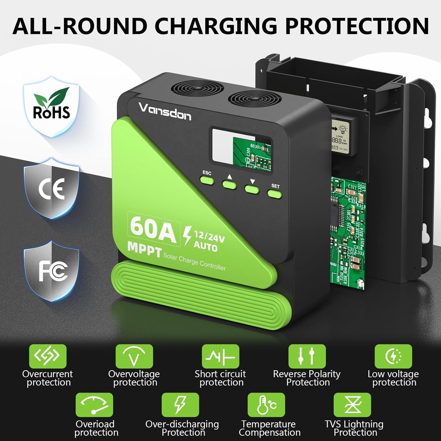 60A Solar Charge Controller 12V/24V MPPT Solar Charge Controller, Adjustable LCD with Timer, Dual USB Ports, for RV, Boat, Cabin, Off-Grid Systems, Compatible with FLD/LiFePO4/SLD/GEL/AGM