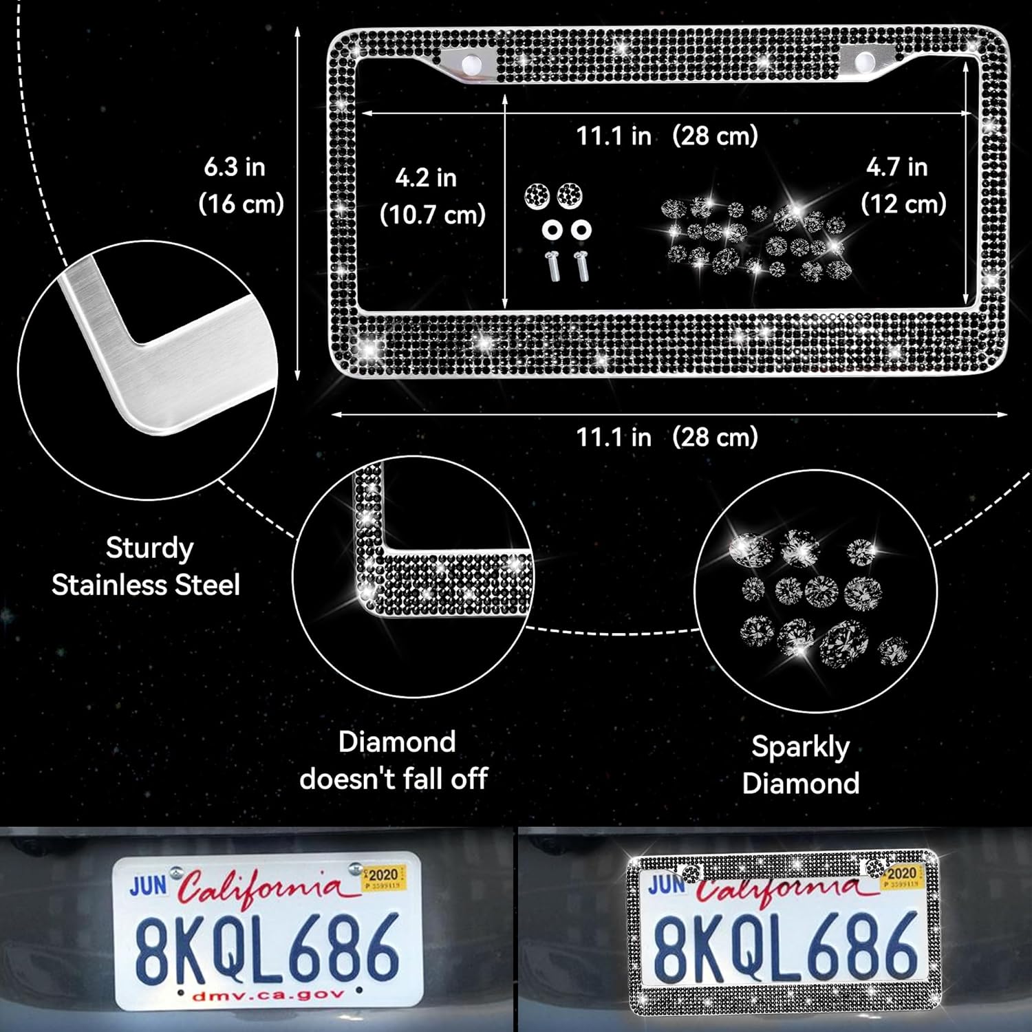 CAR PASS 34 PCS Bling Diamond Car Accessories Set for Women, Leather Car Seat Covers Steering Wheel Covers 15'', USB Charger Phone Holder Shining Rhinestone Sparkly, Cute Interior Decorations, Black