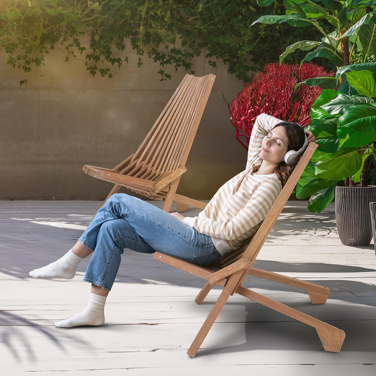 VINGLI FSC Acacia Wood Folding Outdoor Chairs Set of 4,Weather-Resistant Wooden Folding Chairs Patio Chair Furniture Comfy Adirondack Chairs Lounge Chair for Deck Fire Pit Porch Camping,Up to 350LBS