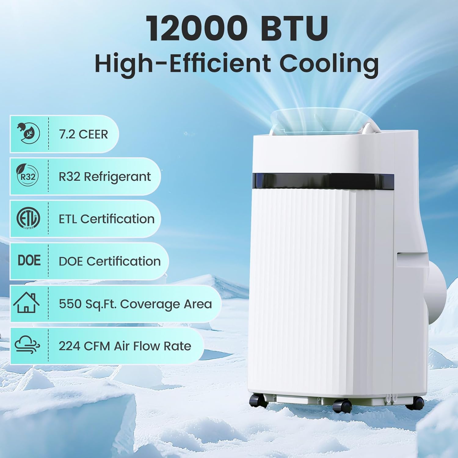 GOFLAME 12000BTU Portable Air Conditioner, 3 in 1 Energy-Efficient Floor AC Unit with Fan & Dehumidifier, Sleep Mode, LED Display, Remote Control & Window Kit, Cools Room up to 550 Sq.Ft