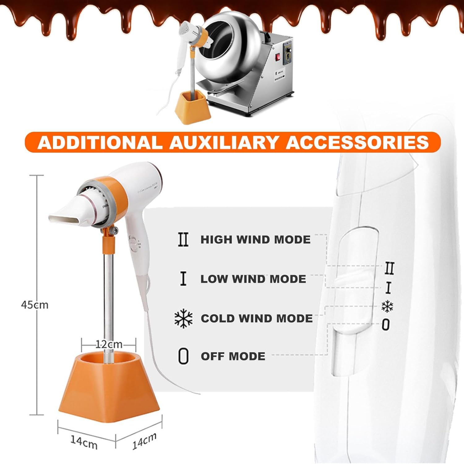 Sugar Coating Chocolate Polishing Machine | Electric Nuts & Food Drum Mixer | Chocolate Panning Machine with Hair Dryer | Stainless Steel Pot Body | Output:1-4kg/Time | Adjustable Speed