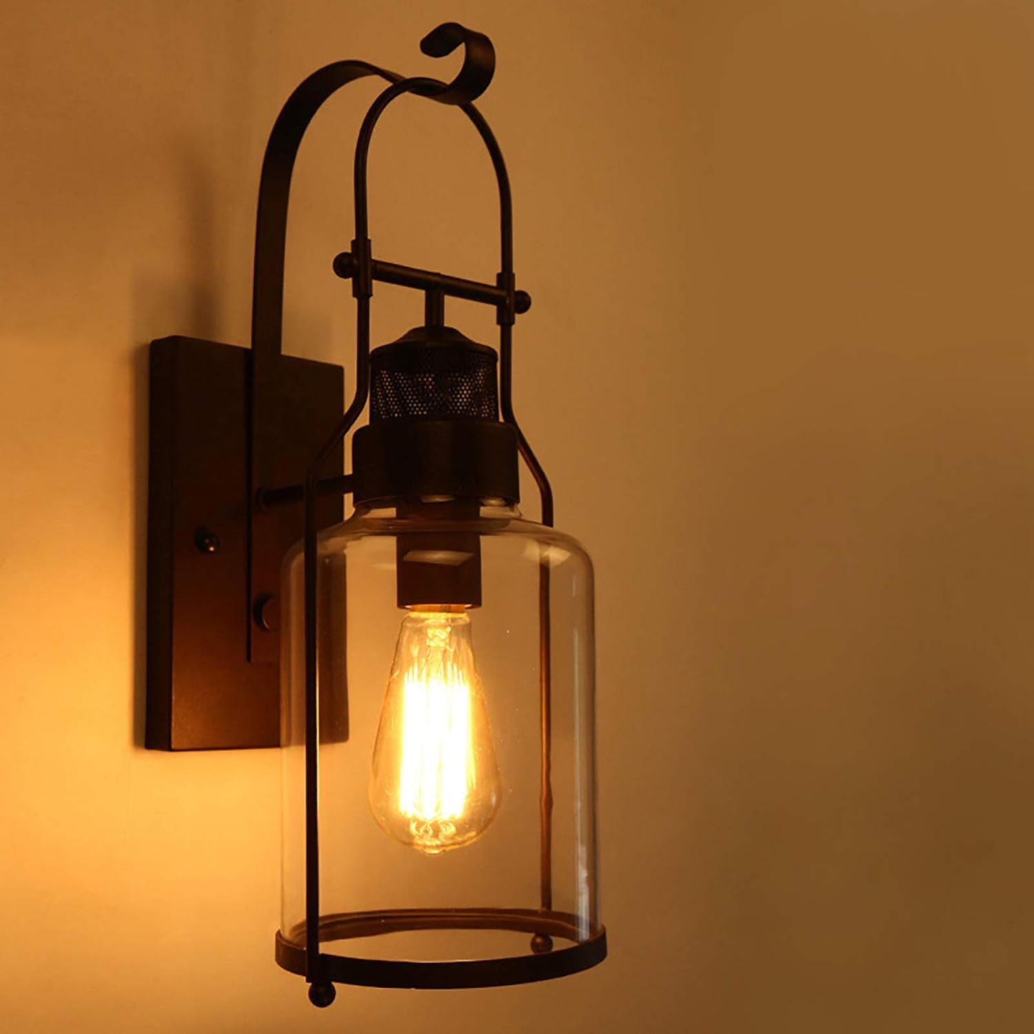 Rustic Lantern Wall Sconce Outdoor,Industrial Rustic Lantern Glass Wall Light Fixture Loft Outdoor Wall Sconce Lamp for Porch Garage Room