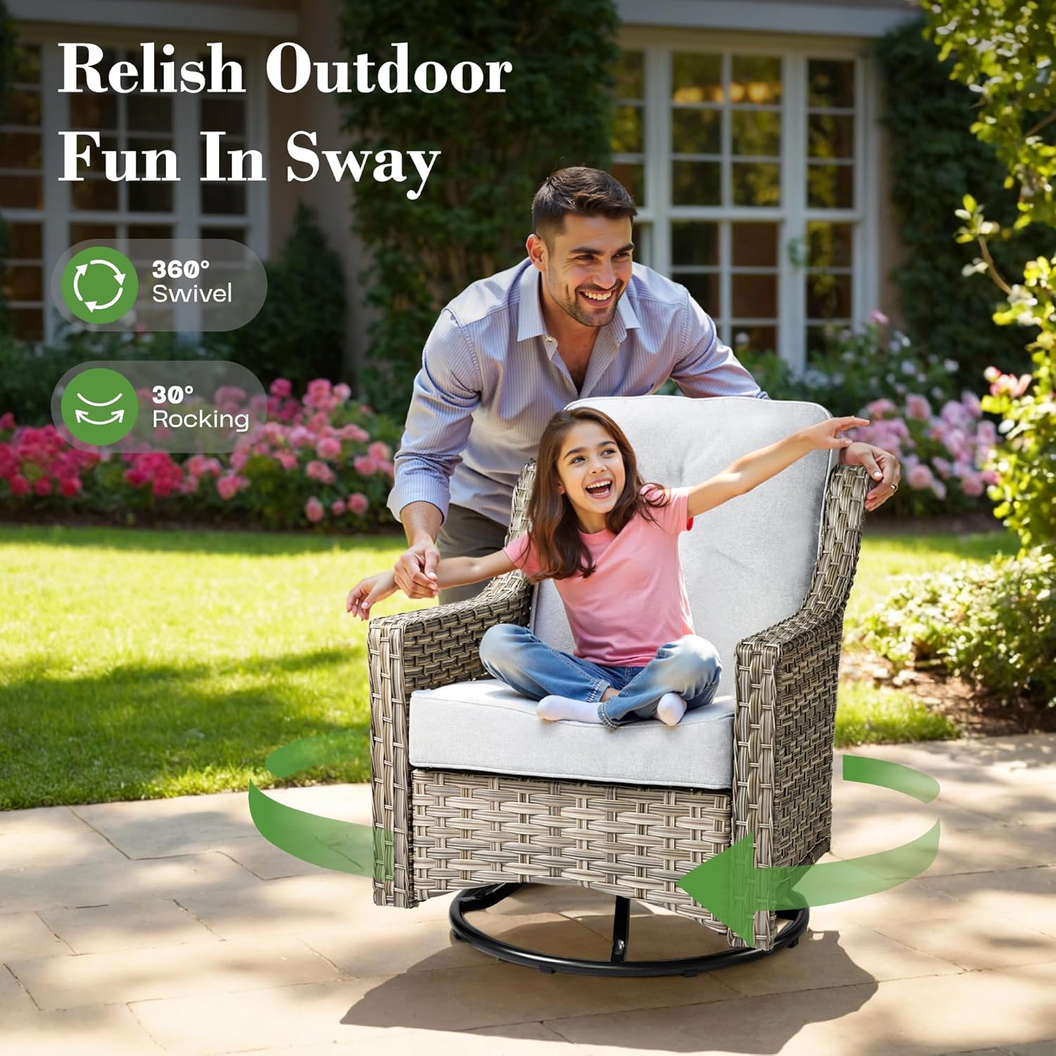 ovios Outdoor 10 Piece Patio Furniture with 54in Fire Pit Table,Wicker Coversation Set with Swivel Rocking Chair,Comfy Sectional Deep Sofa with Ottoman for Outside Porch Balcony Backyard,Light Grey