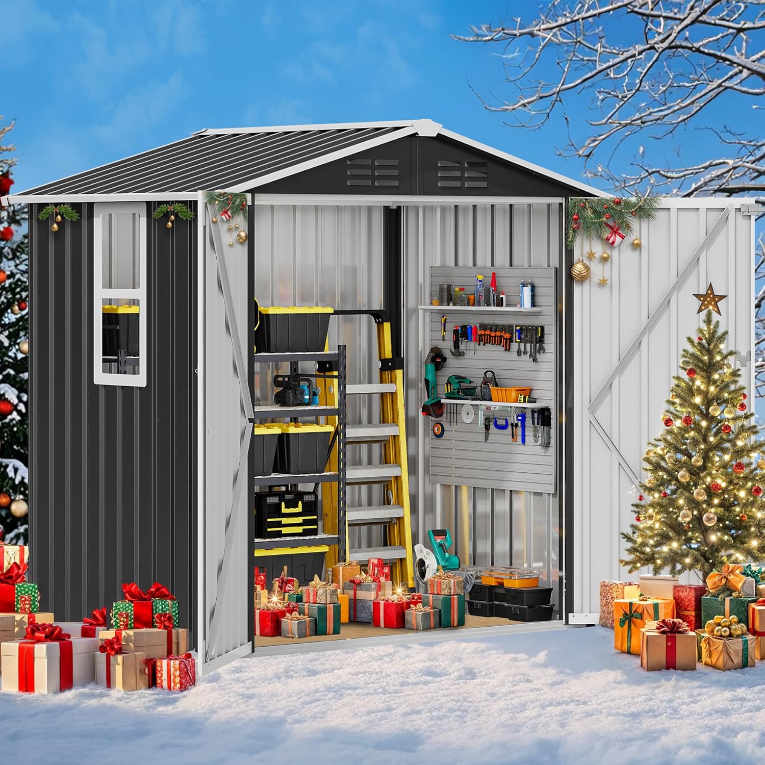DWVO 6x4ft Metal Outdoor Storage Shed with Window, Lockable Tool Storage Sheds, Steel Garden Sheds with Sloped Roof for Backyard, Patio, Garage, Lawn, Gray + White