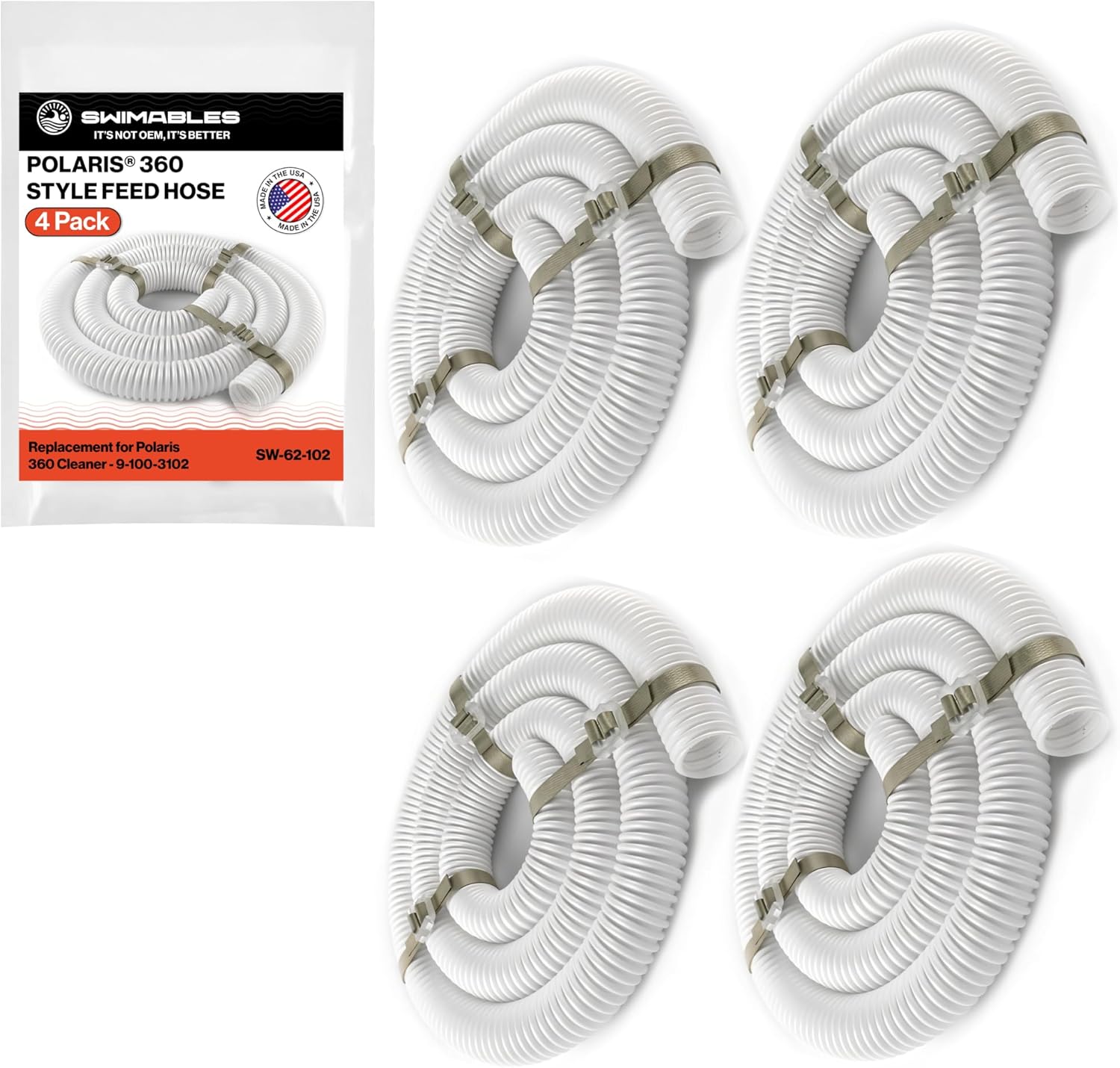 Swimables 9-100-3102 6-Ft Cuff-Less Feed Hose | Replacement for Polaris 360 Pool Cleaner | Heavy-Duty, Durable Vacuum Hose for Inground Pools | Pack of 4