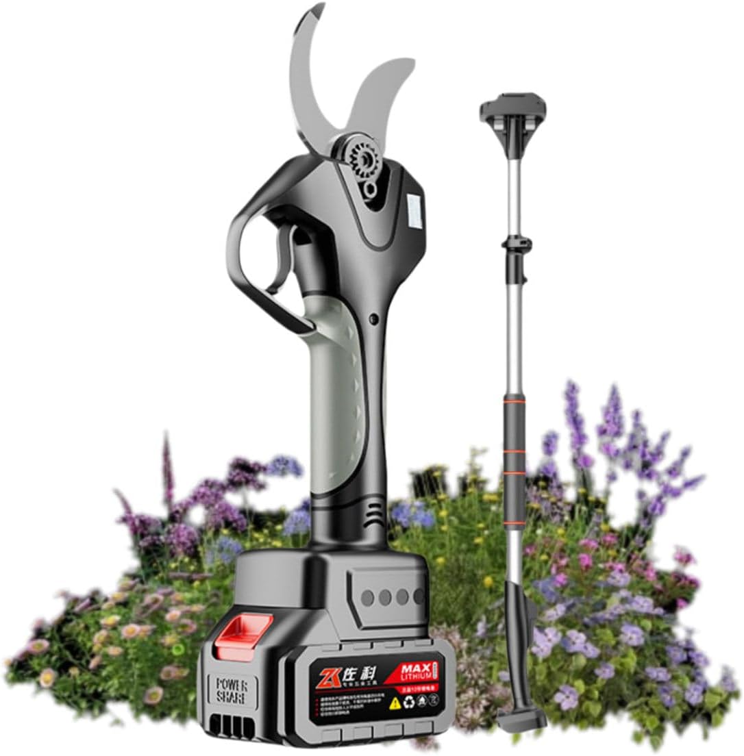 Battery Powered Pruning Shears, Cordless Electric Pruner, Electric Pruning Shears, 980W high power, 50h long load without burning, for Tree Trimming 银色开口6.0厘米+2节电池+延长杆