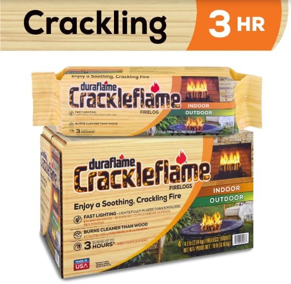 Duraflame Crackleflame Firelogs – Cozy Crackling Fireplace Logs, Fast Lighting in Under 5 Minutes, Burns 80% Cleaner Than Wood, Indoor/Outdoor Use (2 Cases + Matches)