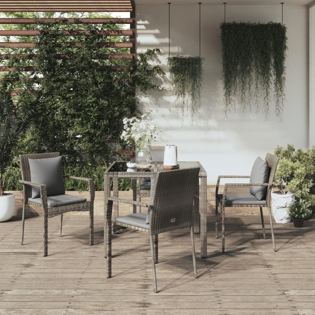 5 Piece Patio Dining Set with Cushions Gray Poly Rattan,Elegant Modern Patio Dining Set: Weatherproof Rattan Chairs, Glass Table Furniture Sets for Patio, Lawn & Garden
