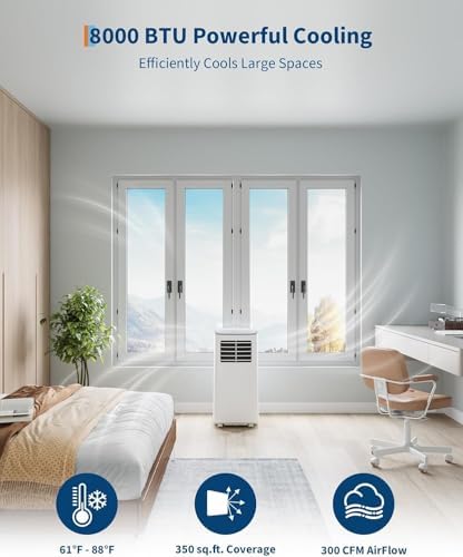 GlowSol 8000 BTU Portable Air Conditioner with Dehumidifier, Drainage-Free, Quiet Cooling w/Remote, 24H Timer, 4 Modes - For Bedroom/Office，Window Kit Included, Grey top