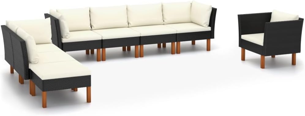 8 Piece Patio Lounge Set Poly Rattan and Eucalyptus Wood Black Garden Furniture