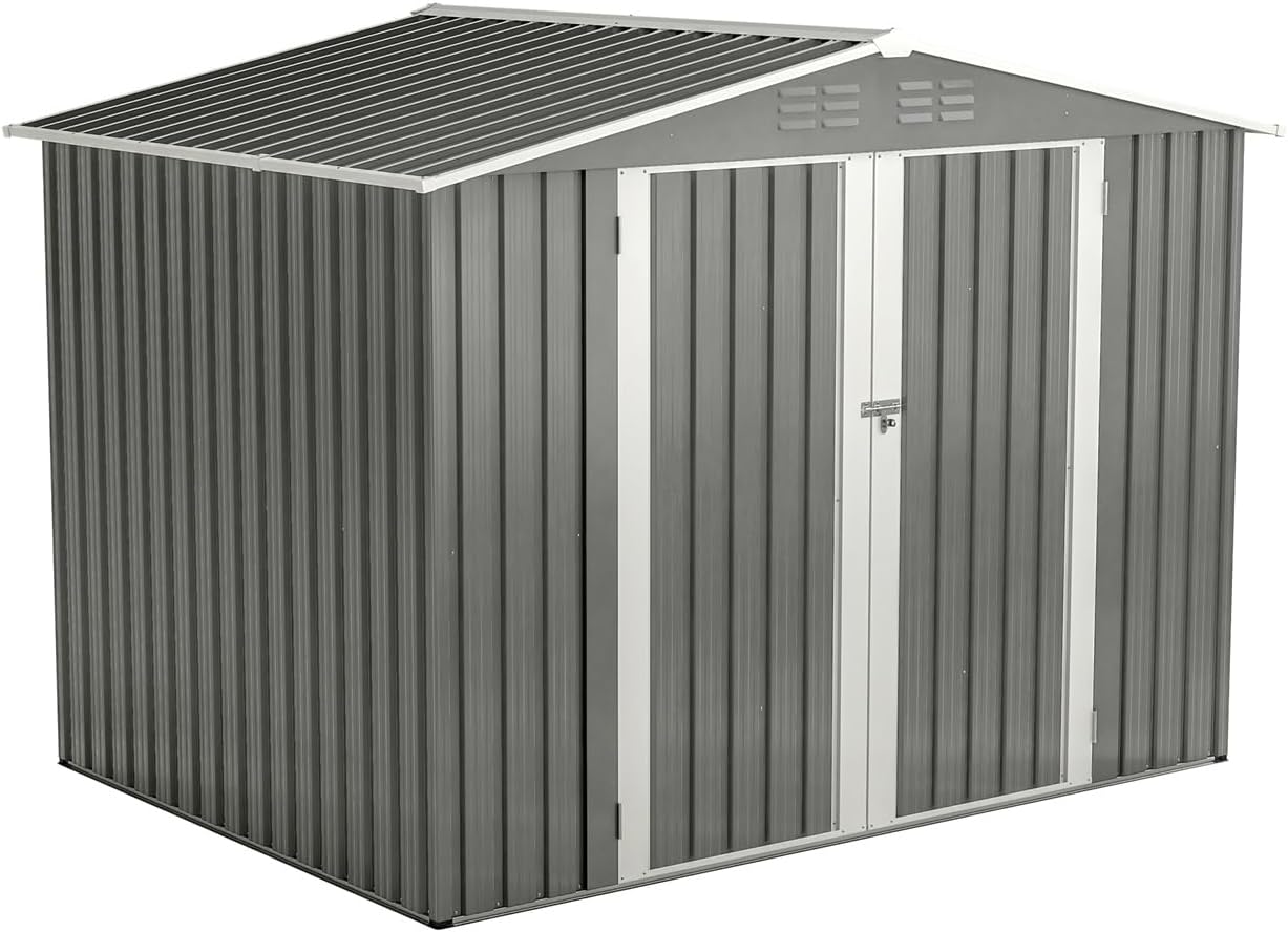 8 x 6 FT Outdoor Waterproof Garden Tool Storage Sheds with Metal Foundation with Floor Frame, Tool Shed with Lockable Hinged Doors & Air Vents, Storage House Waterproof for Backyard, Lawn