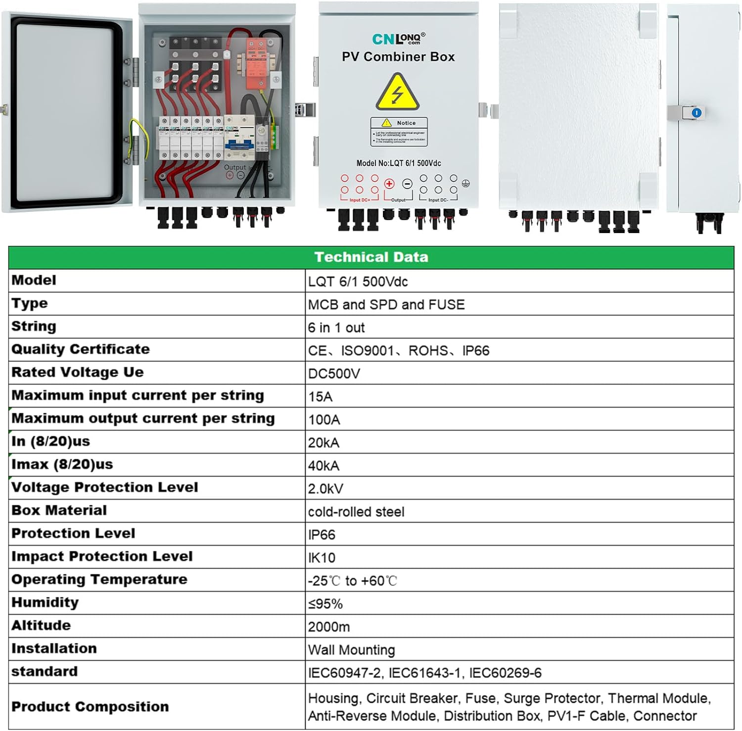 6 Strings Metal Solar PV Combiner Box DC500V 100A Circuit Breaker with Surge Protector, 15A Fuses and Radiator, Outdoor IP66 Waterproof for Solar Panels System
