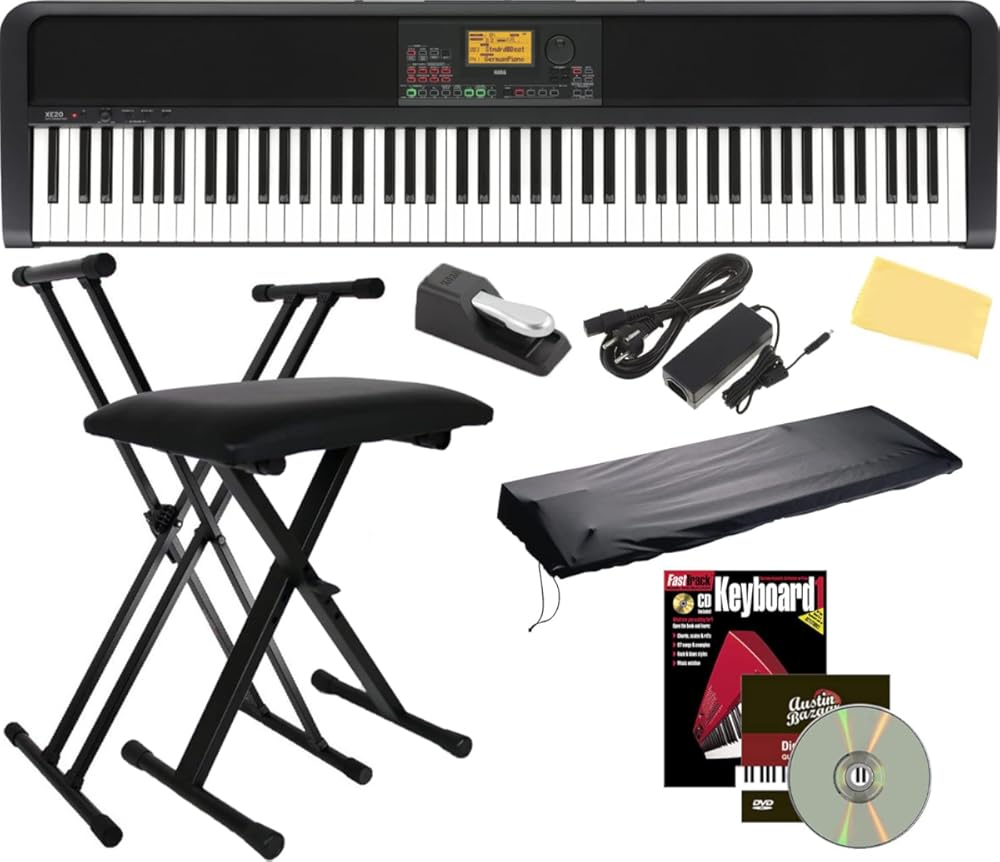 Korg XE20 Digital Ensemble Piano Bundle with Adjustable Stand, Bench, Power Supply, Damper Pedal, Keyboard Cover, Instructional Book, Austin Bazaar Instructional DVD, and Polishing Cloth