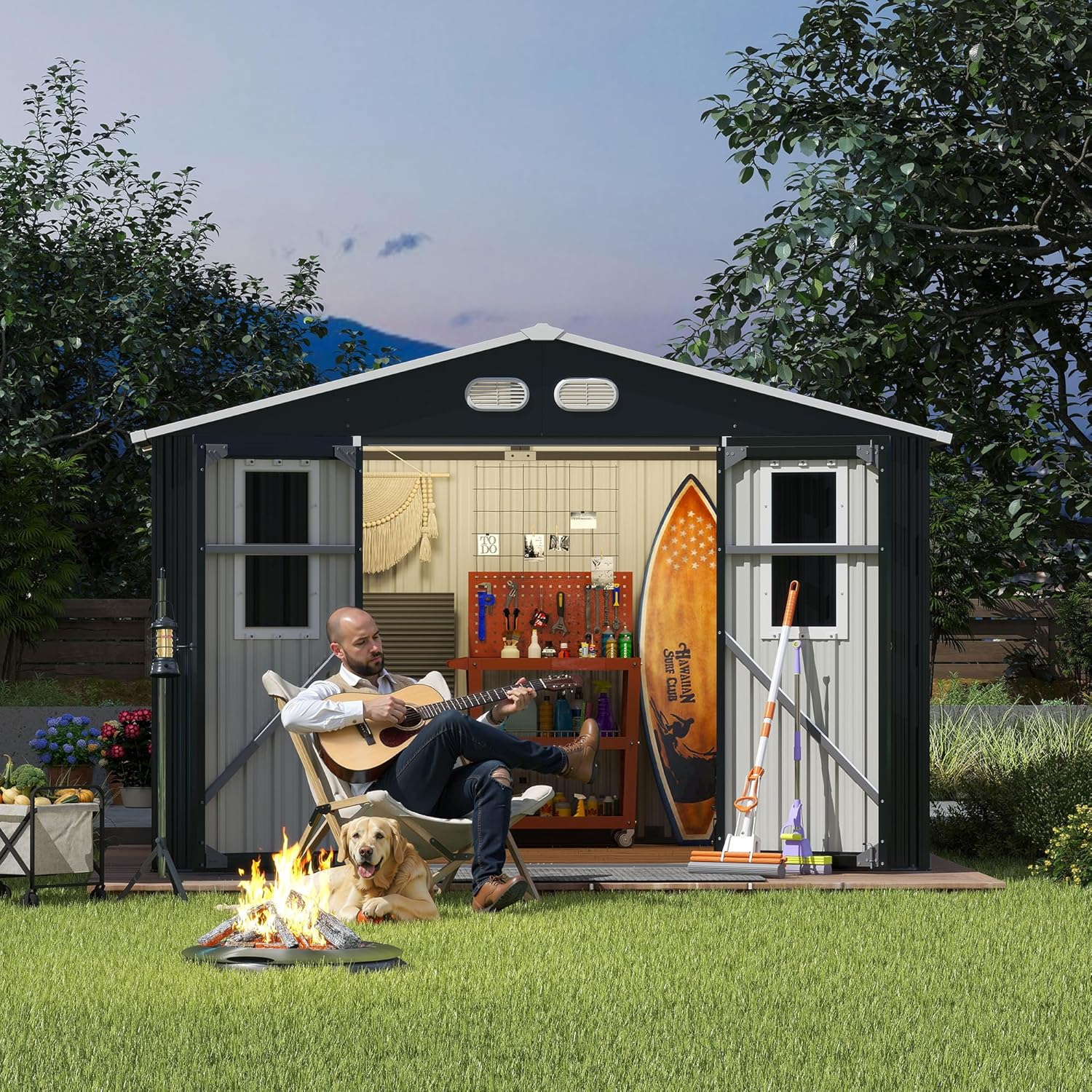 8x10 Outdoor Storage Shed with Protective Film, 4 Daylight Windows, Lockable Doors, Durable Metal Construction, Dark Gray & Light Color Options, Multipurpose Garden Shed