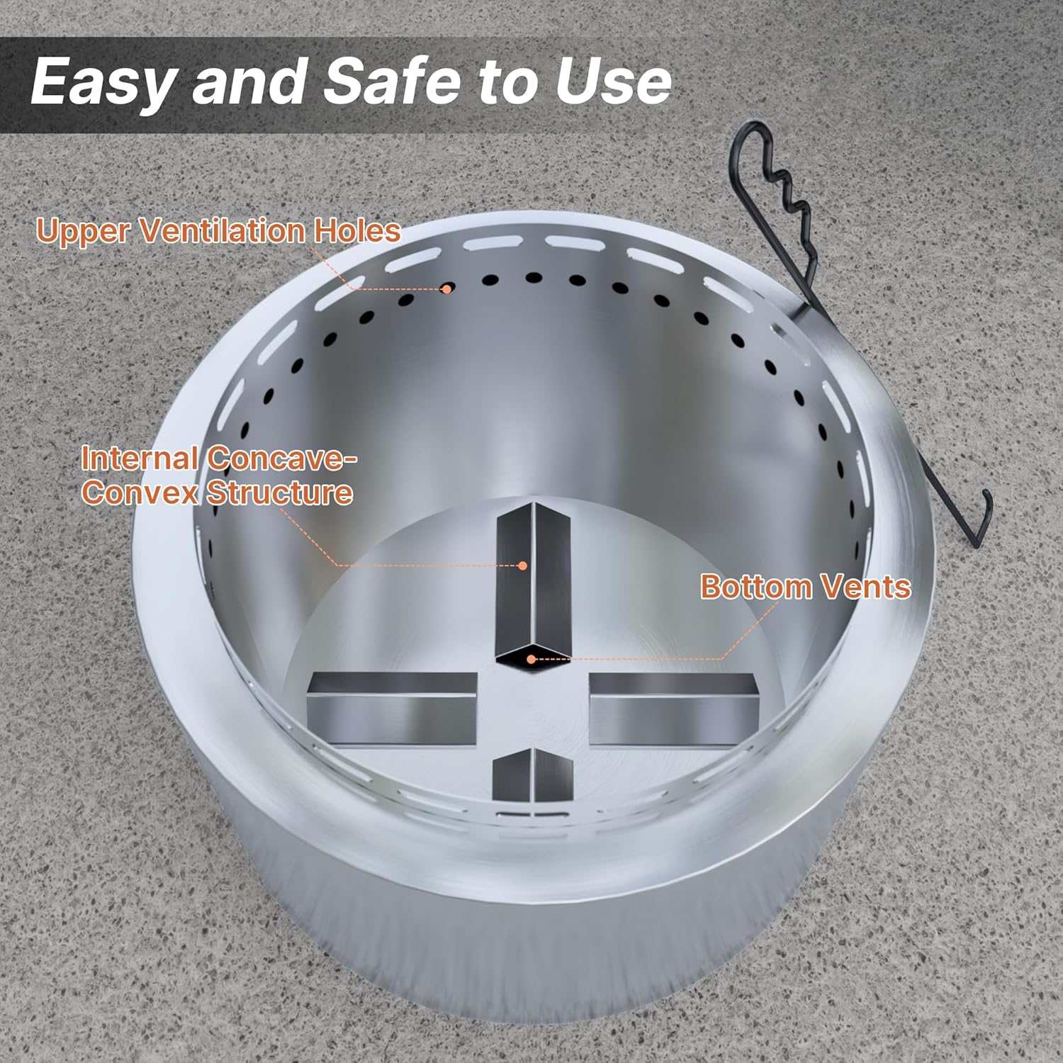 19 Inch Smokeless Firepit Outdoor with Fire Hook, Wood Burning Portable Fire Pit Stainless Steel for Backyard Patio Garden Picnic Camping (Silver)