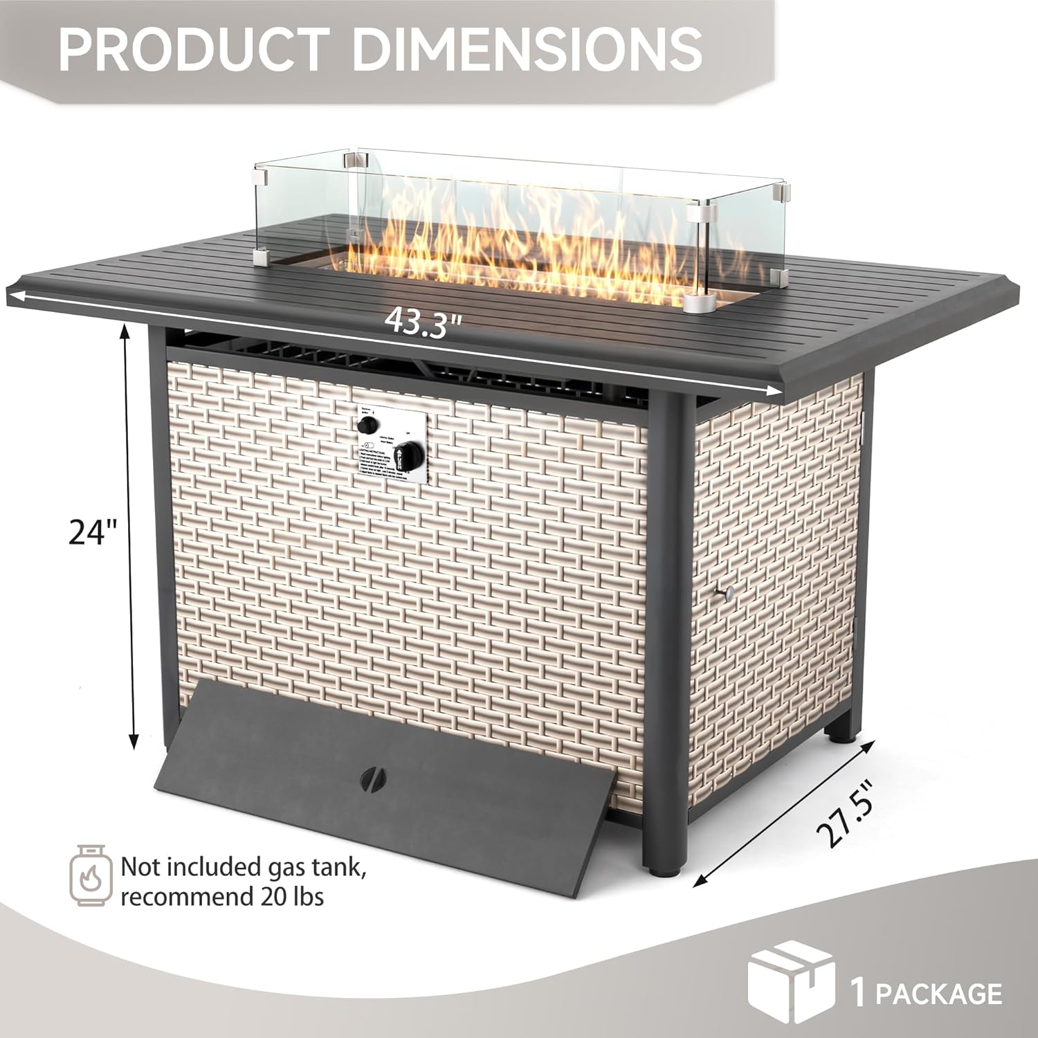 Rattan Fire Pit Table,40.5-inch Rectangle Grey Outdoor Companion,60000 BTU Auto-Ignition w Glass Wind Guard,Internal 20lb Propane Tank, Dust Cover (Grey, Rattan)
