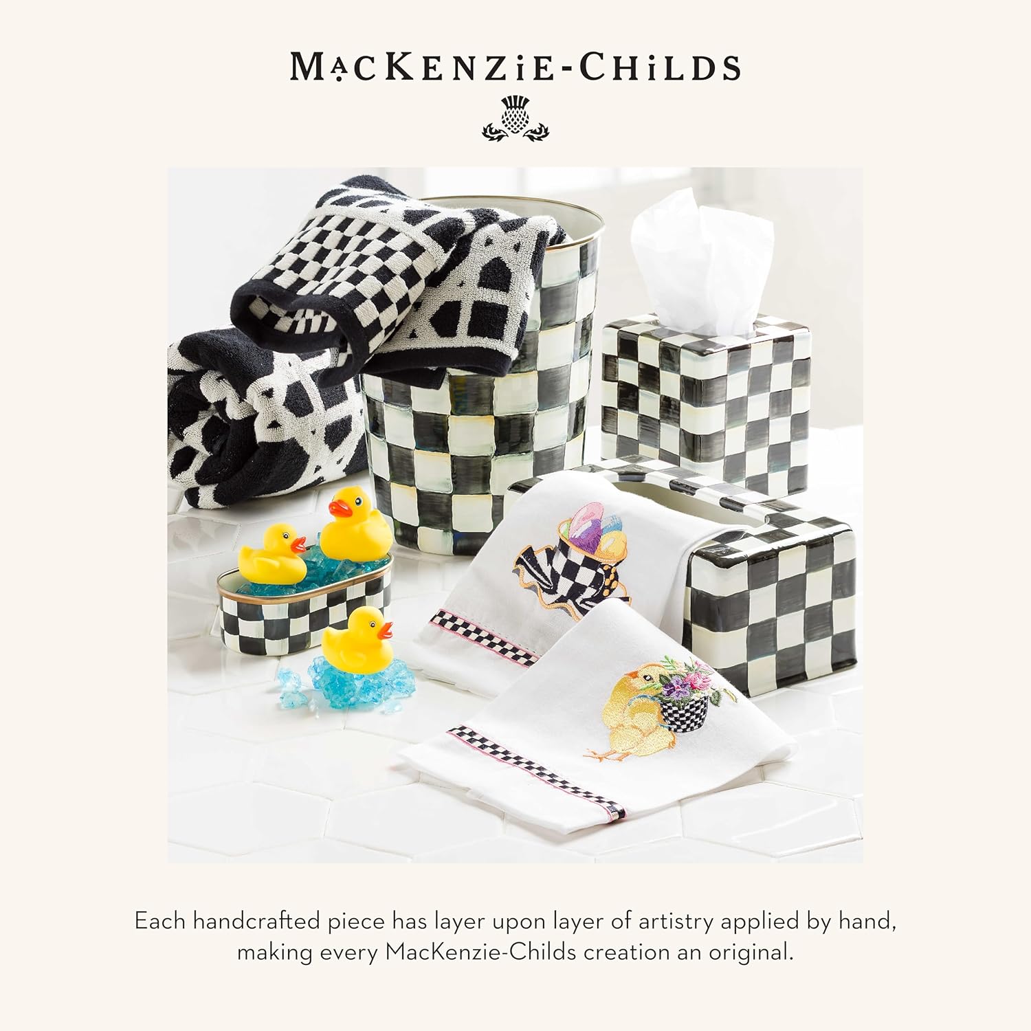 MACKENZIE-CHILDS Boutique Square Tissue-Box Cover, Tissue Holder for Home Decor, Black-and-White Courtly Check Lacquer