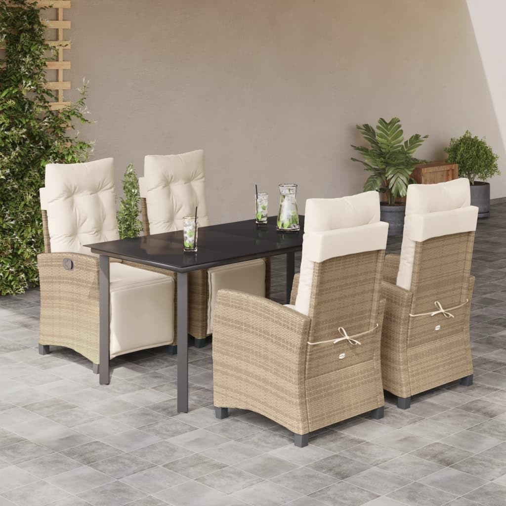 5 Piece Patio Dining Set with Cushions Beige Poly Rattan Garden Furniture