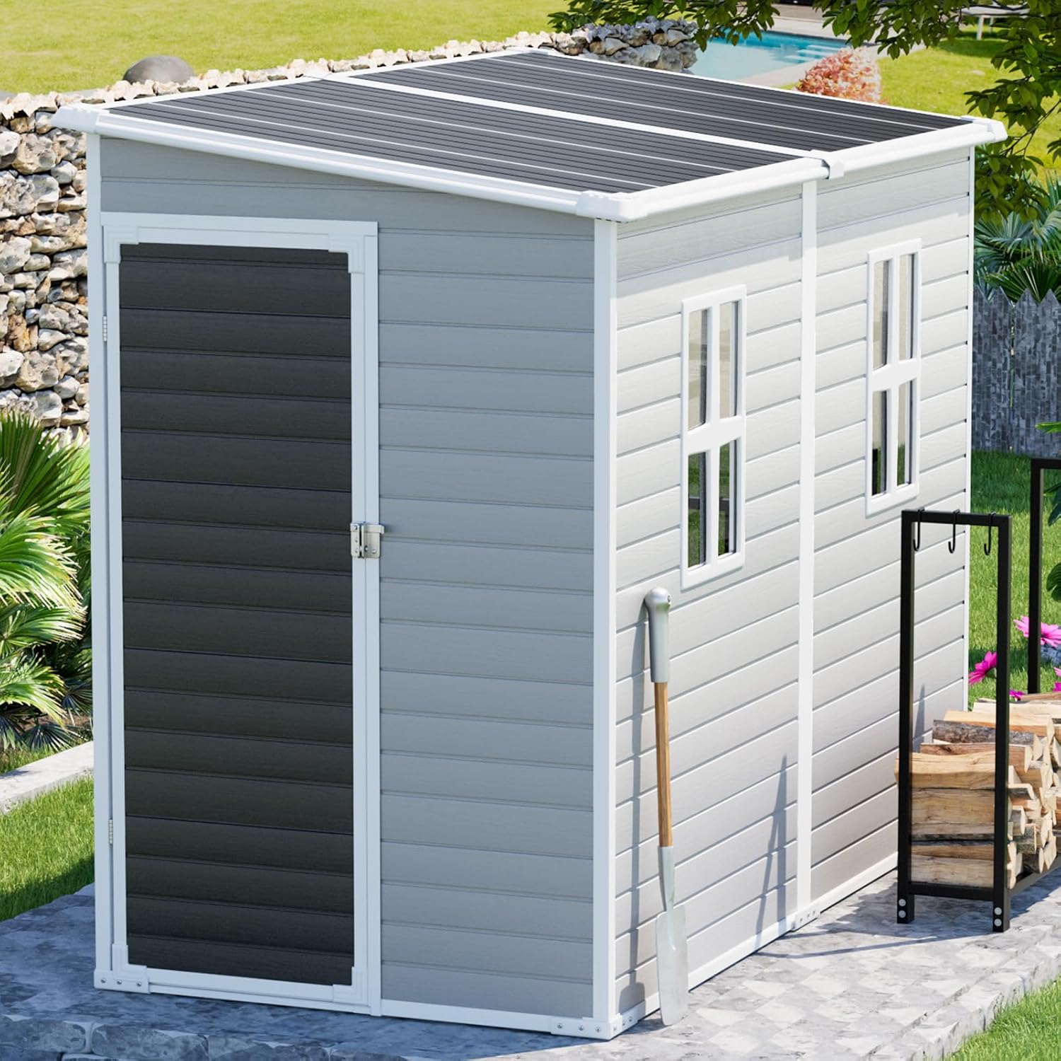 CDCASA 4x8 FT Resin Lean to Shed, Waterproof Outdoor Storage Sheds with Floor & Lockable Door & Window, Sloped Roof Outside Plastic Tool Shed for Backyard, Patio, Poolside, Lawn, Grey
