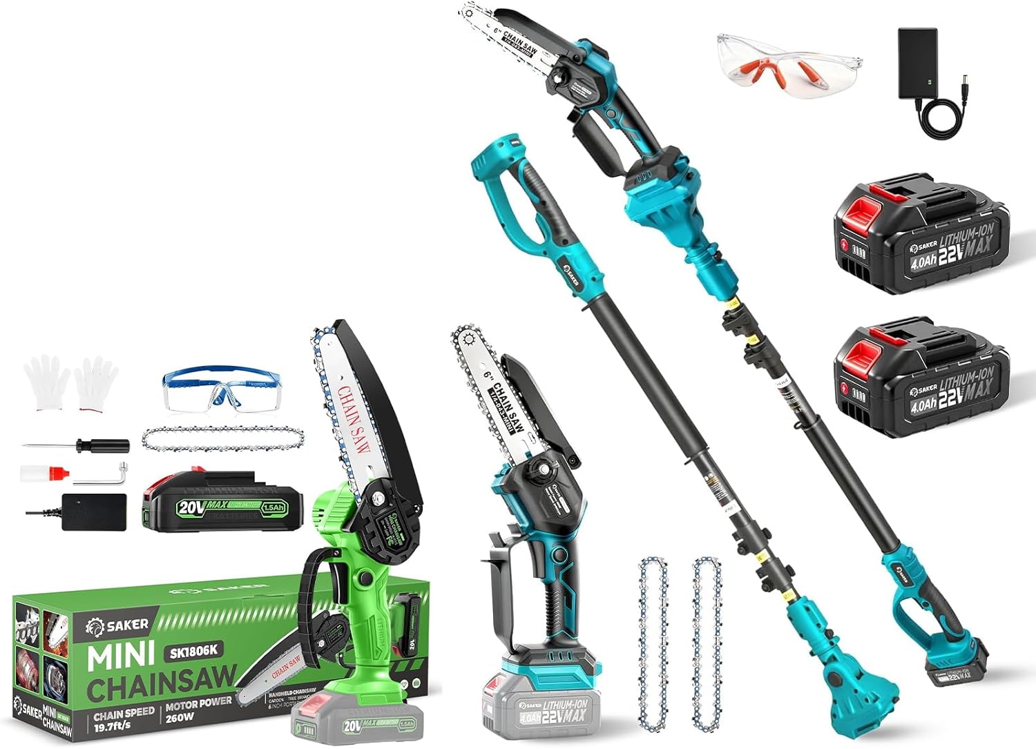 Saker 6 Inch Mini Chainsaw + Saker 2-in-1 Electric Pole Saw,Cordless Pole Saw Battery Powered,6 Inch Brushless Mini Chainsaw with 22V 4.0Ah Batteries