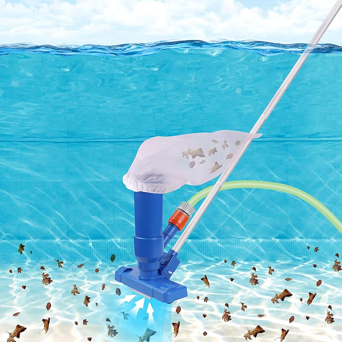 Swimming Pool Vacuum Cleaner Kit, Portable Pool Jet Vacuum Underwater Cleaner Net, Pool Cleaning Accessories with Aluminum Pole and Mesh Bags for Outdoor