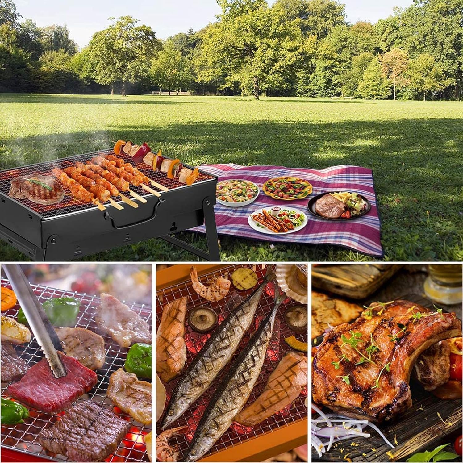 Fire Pit with BBQ Grill Shelf Folding Outdoor Garden Patio Heater Grill Wood Burning Log Burner with Poker, Grill, Grate,16.9''x11.41''x9.05''