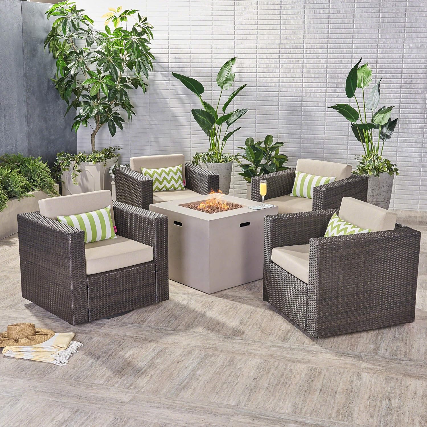 GDFStudio Outdoor 4 Piece Club Chair Set with Square Fire Pit, Dark Brown & Light Gray