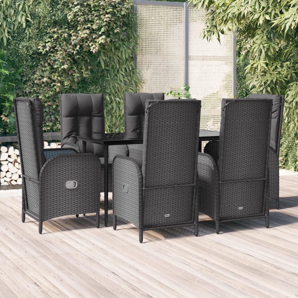 7 Piece Patio Dining Set with Cushions Black Poly Rattan Garden Furniture