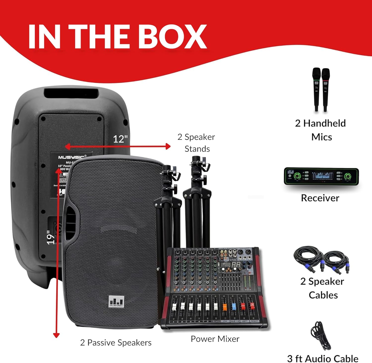 MUSYSIC Portable PA System with 2000W Amp & Wireless UHF Microphone System. 6 Ch Audio Mixer with Multiple Inputs. pa system with wireless microphone and speakers, Complete w/Stands - 10