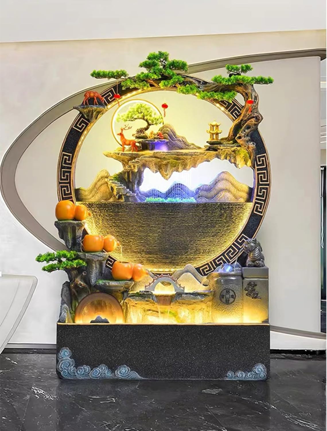 Magnificent 5.8ft Cement Standing Fountain with Lighting Zen Garden Design | Indoor and Outdoor use | Rain and UV Protection (Small Black)