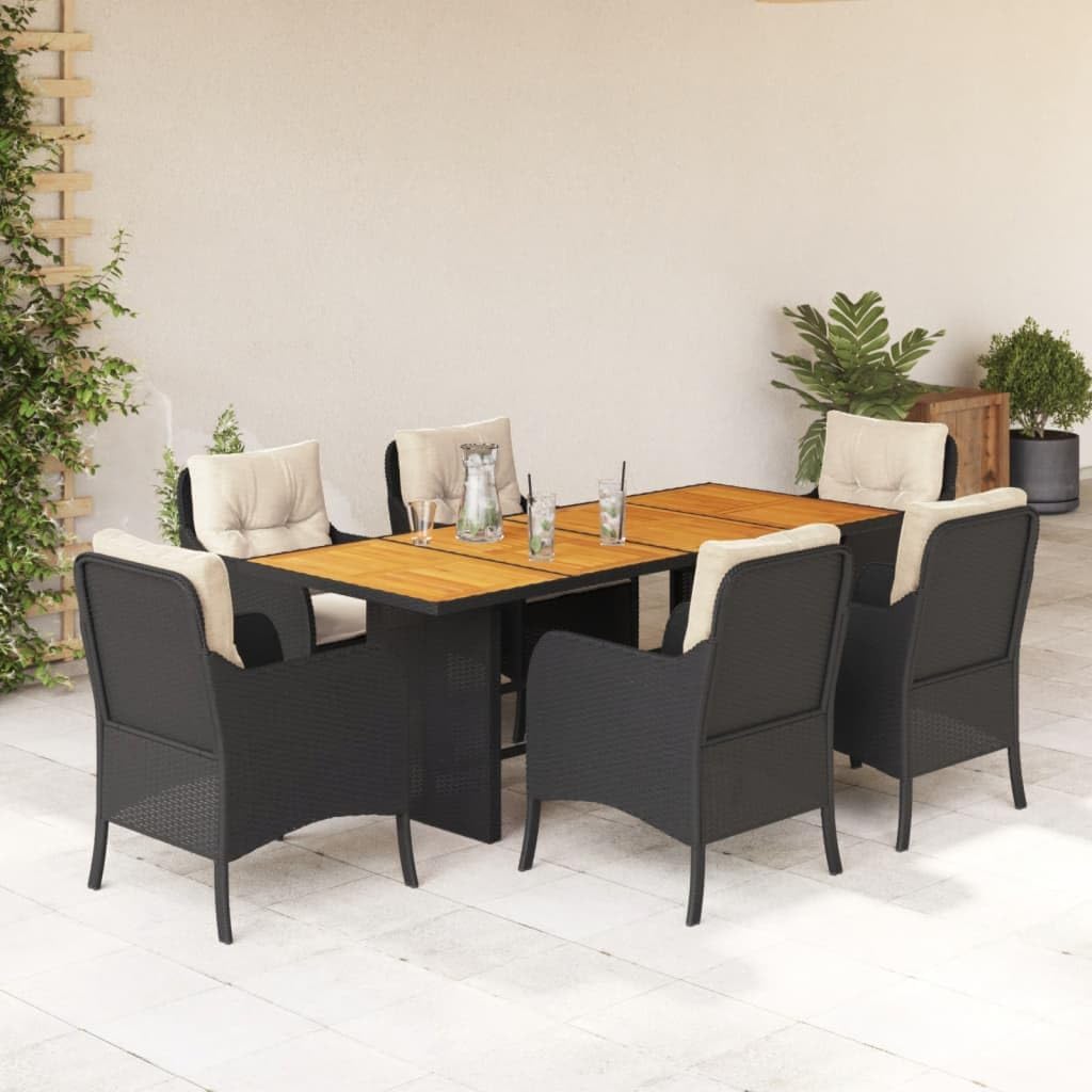 7 Piece Patio Dining Set with Cushions Black Poly Rattan,Black and Brown Patio Dining Set with Washable Cushions and Acacia Wood Tabletop Furniture Sets for Patio, Lawn & Garden
