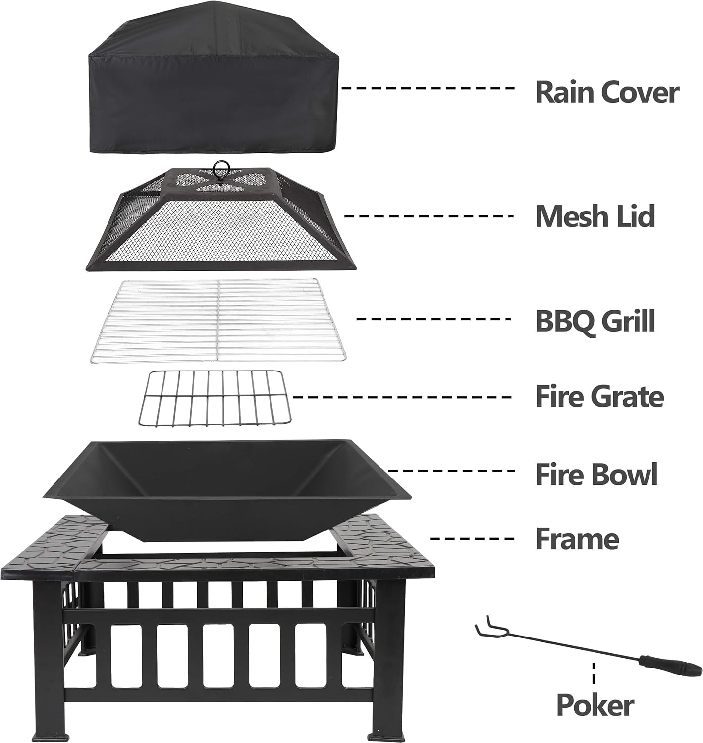 JungleA 32 Inch Outdoor Metal Fire Pit Square Table BBQ Fire Pit Burning Backyard Patio Garden Stove W/Rain Cover, Faux-Stone Finish