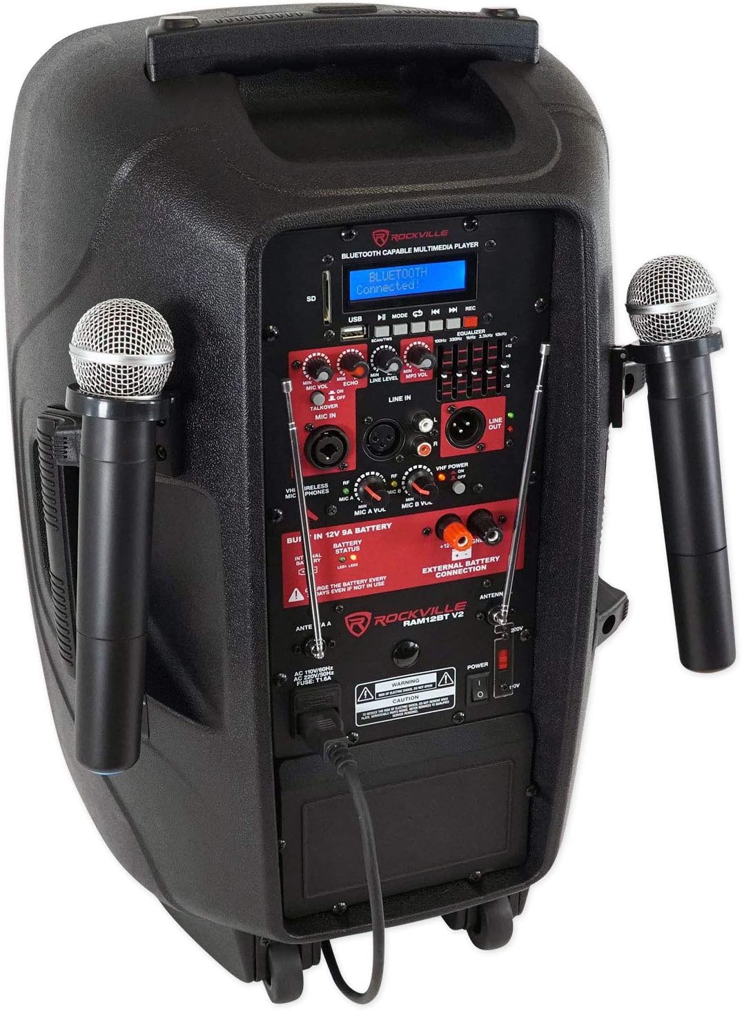 Rockville RAM12BT Bundle: 12-in Rechargeable Powered 600W Peak / 150W RMS DJ PA Speaker with Bluetooth and 2 Wireless Microphones, RVES05 Heavy Duty Tripod Pole-Mount Speaker Stand, 2-Items