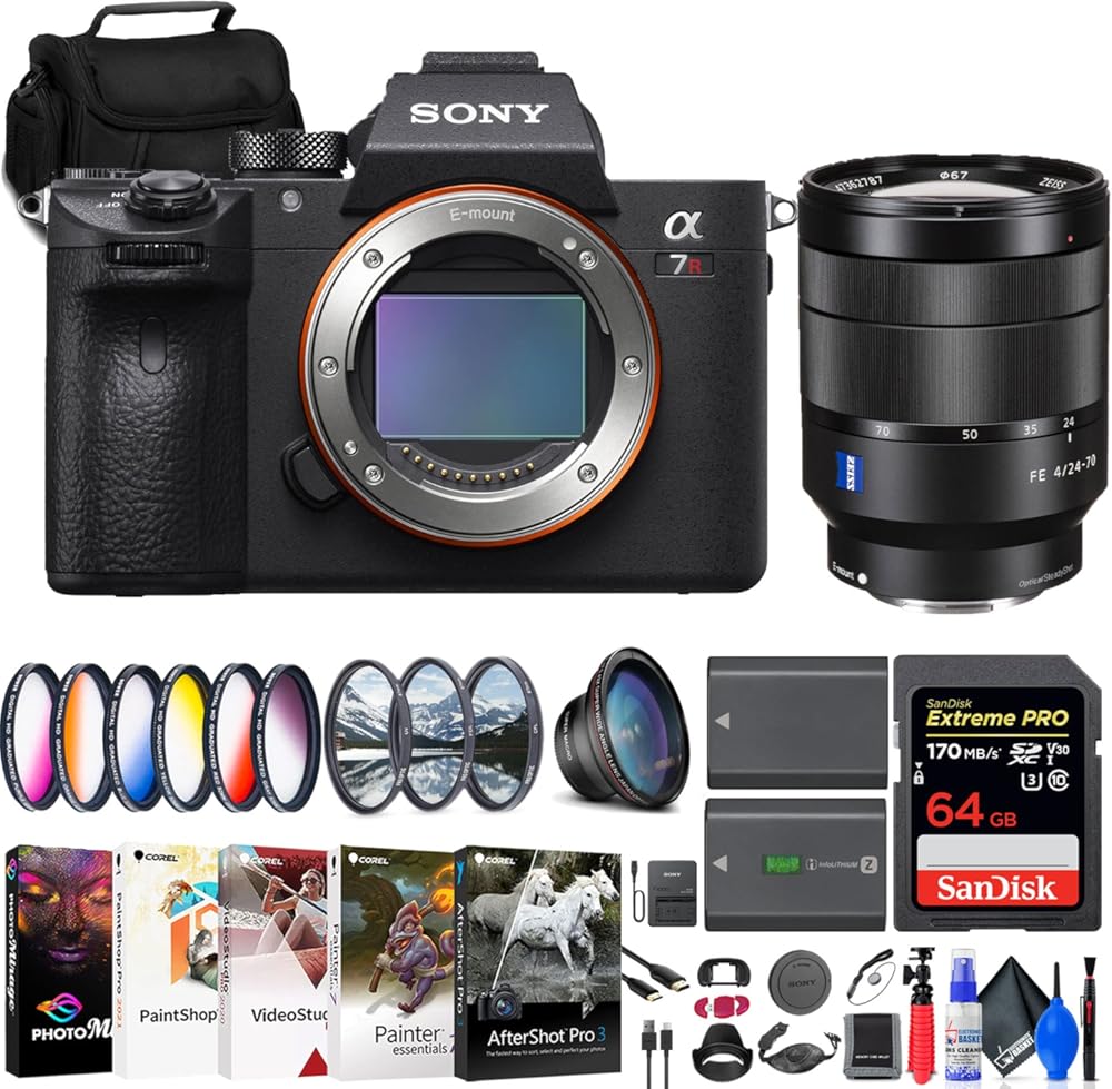 Sony a7R IIIA Mirrorless Camera (ILCE7RM3A/B) FE 24-70mm Lens (SEL2470Z) + 64GB Memory Card + Filter Kit + Wide Angle Lens + Color Filter Kit + Lens Hood + Bag + More (Renewed)