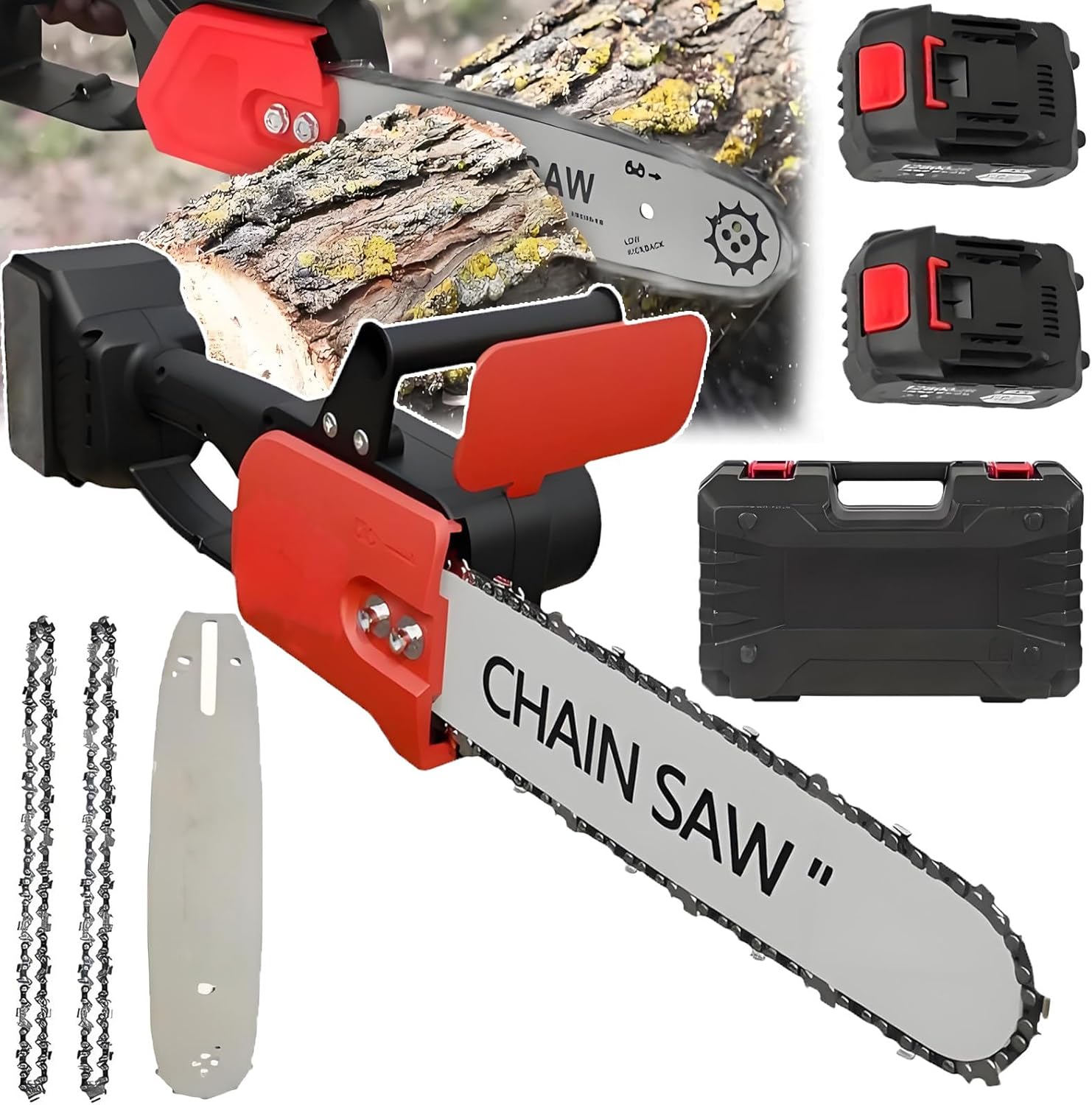 Cordless Chainsaw - Powerful 12in, 2300 RPM Fast Cutting, Lightweight for Tree Trimming and DIY Projects, Includes 2 Extra Chains and Battery