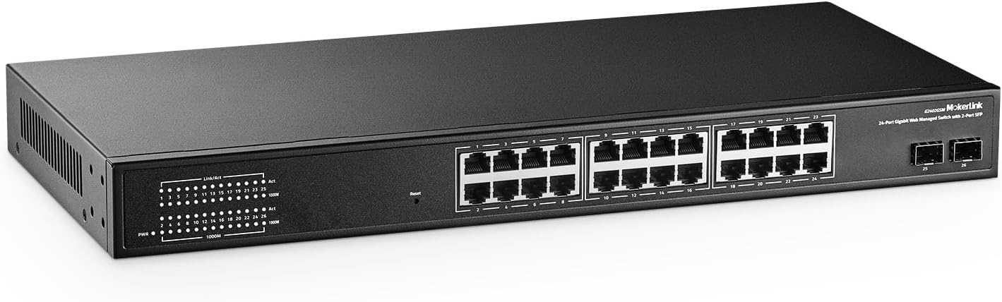 MokerLink 26 Port Gigabit Managed Switch, 24 Port GE, 2 x 1G SFP, L2 Smart Web Managed, Rackmount Fanless, QoS Vlan IGMP ACL