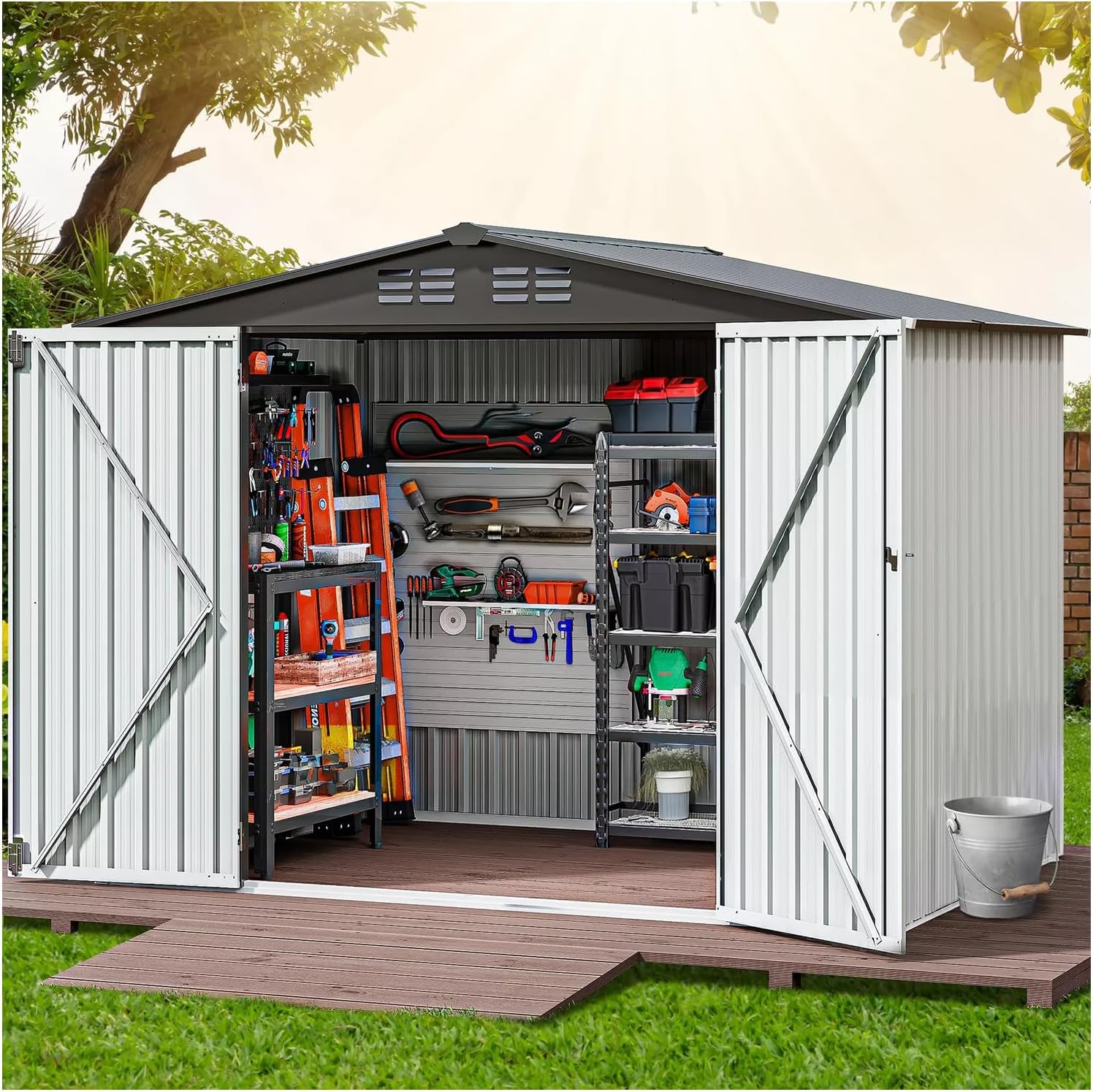 Silver and Black 8x6 FT Two Tone Outdoor Large Storage Shed Metal Tool Sheds Heavy Duty House Patio Tool Garden Waterproof All Weather Rust Protection Hinged Doors Lockable 88.6