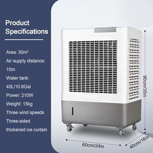 Industrial Air Conditioner Portable Evaporative Air Cooler Swamp Cooler with 10.6 Gallon Tank, 3 Speed Settings, Ideal for Cooling Homes, Garages, and Patios