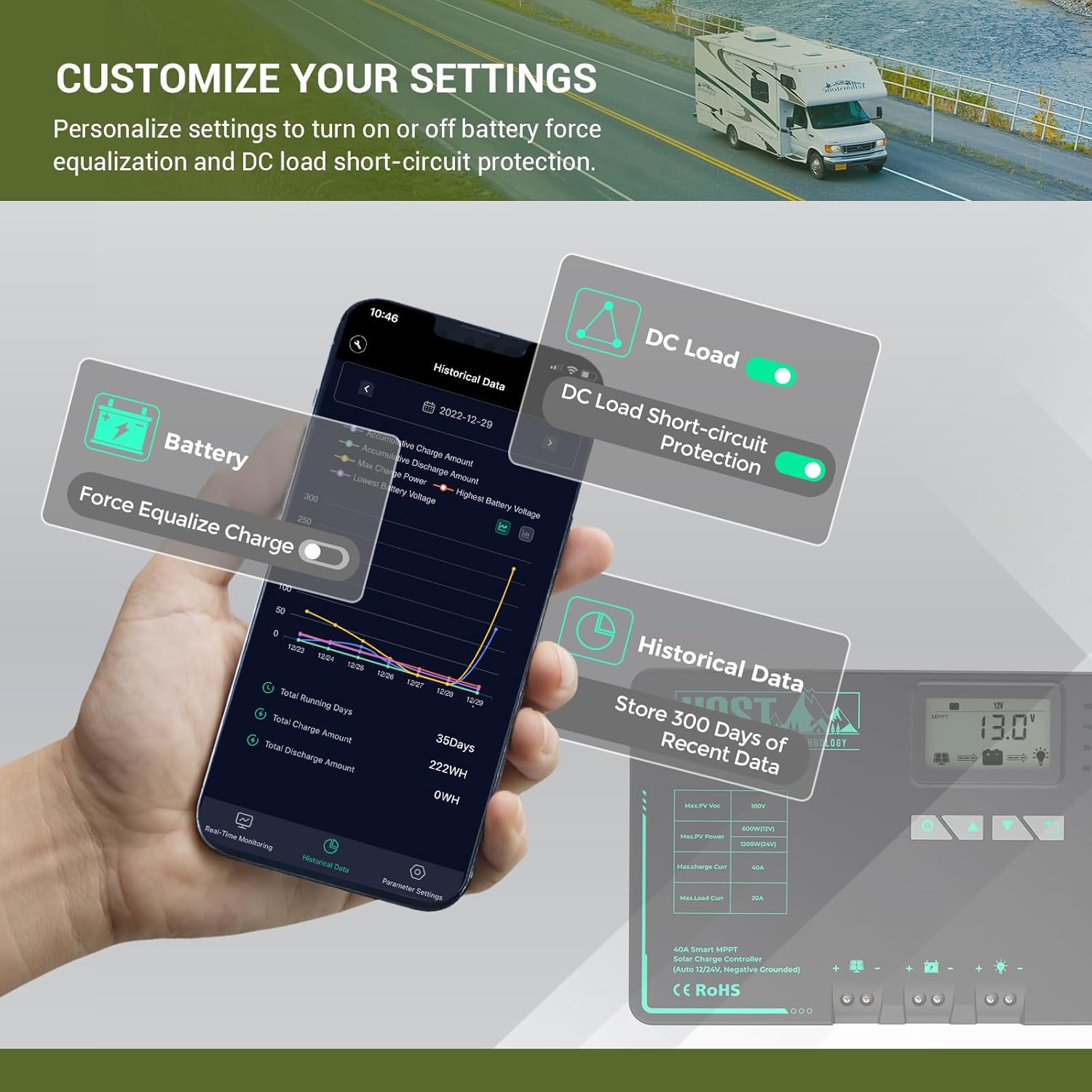 HQST MPPT Solar Charge Controller 40 Amp Negative Grounded Controller with Bluetooth LCD Display, 12V/24V DC Input Solar Panel Regulator for Gel Sealed Flooded and Lithium Battery