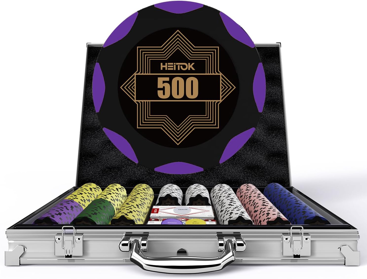 Clay Poker Chips Set – 500pcs 14g Casino Grade Poker Chips with Denominations, Aluminum Carrying Case, 2 Decks, 5 Dice, Dealer Buttons – Professional Texas Holdem Kit for Home Game Night