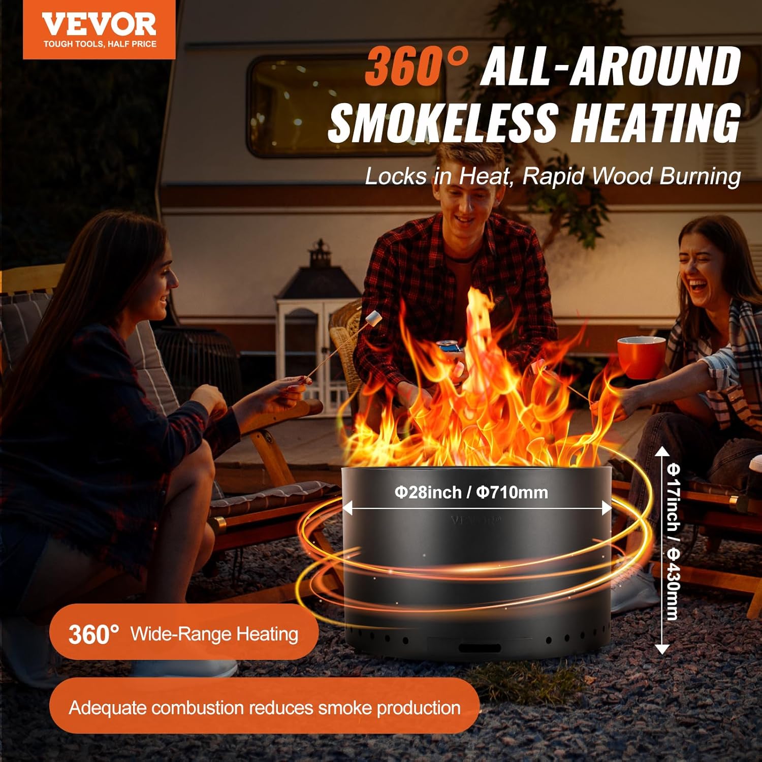 VEVOR 28 inch Smokeless Fire Pit Stove Bonfire, Wood Burning Fireplaces with Removable Ash Pan, SUS430 Stainless Steel Inner Portable Outdoor Firepit,for Outdoor Patio Camping High 17 inch