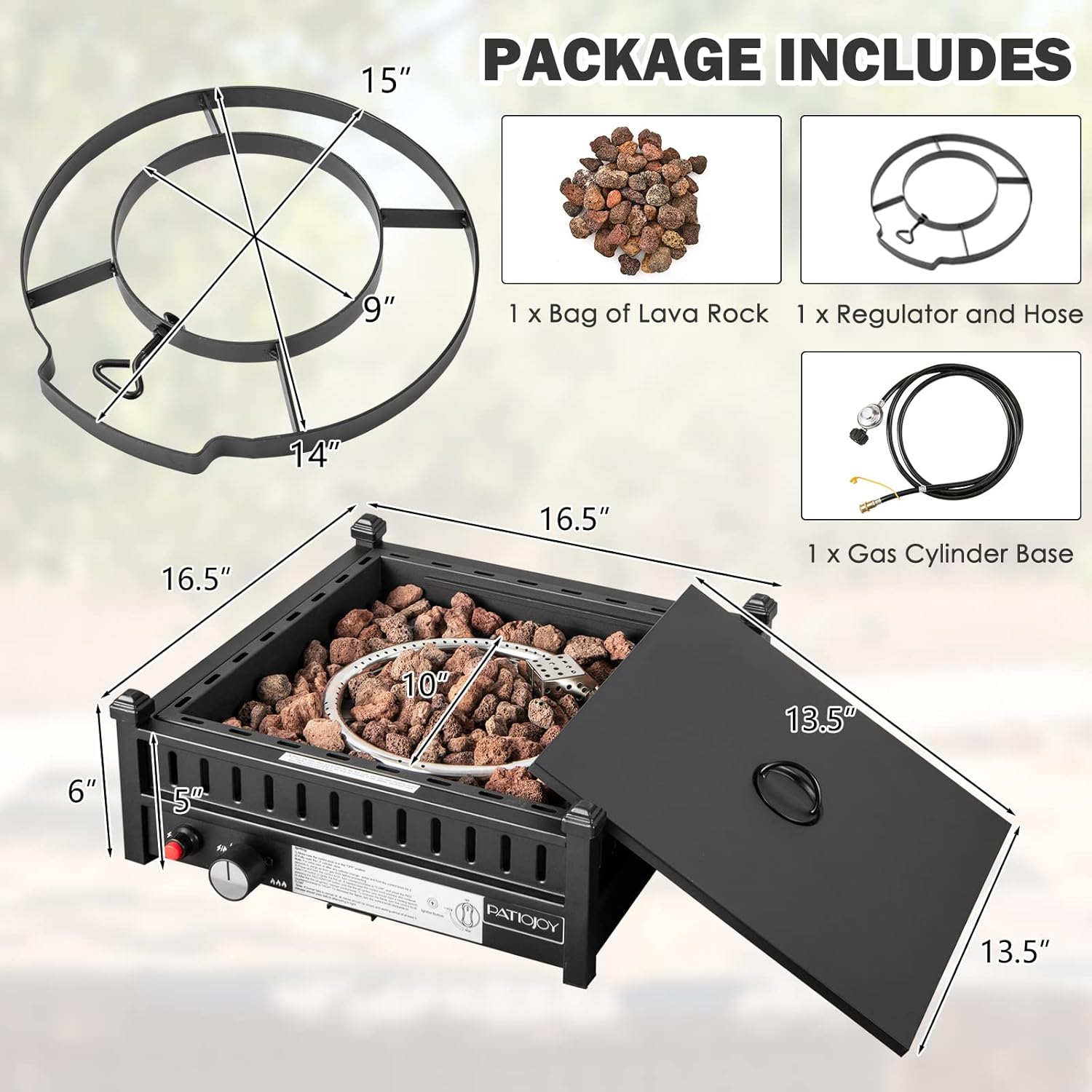COSTWAY 16.5 Inch Tabletop Propane Fire Pit, 40,000 BTU Outdoor with Removable Lid, Simple Igniting System, Lava Rocks & Tank Seat Included, Ideal for Tables with 2'' Umbrella Hole