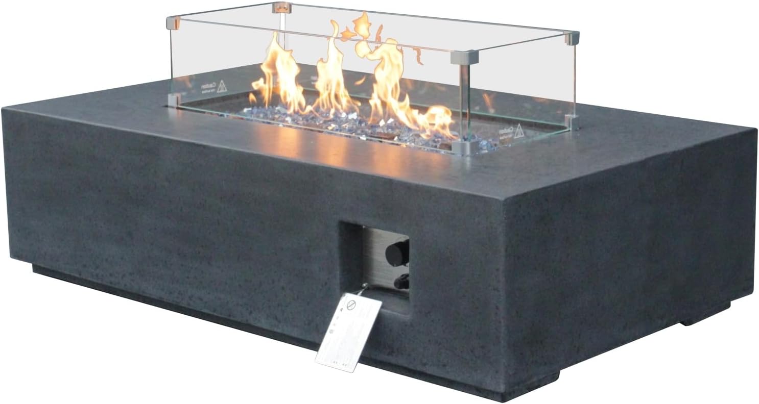 52 Inch Outdoor Concrete Rectangle Propane Gas Fire Pit Table & Centerpiece (Dark Gray)