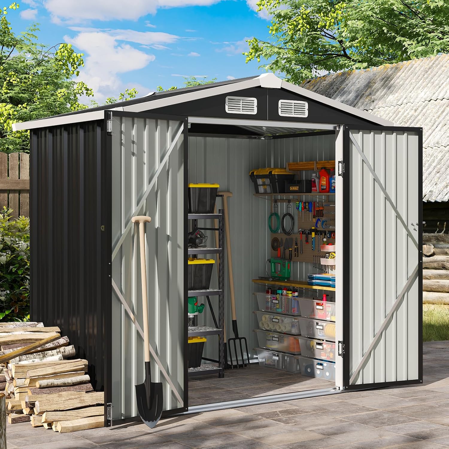 Aoxun 6.2x4 FT Shed Outdoor Galvanized Storage Shed with Large Lockable Doors for Lawn, Backyard, Patio (Black)