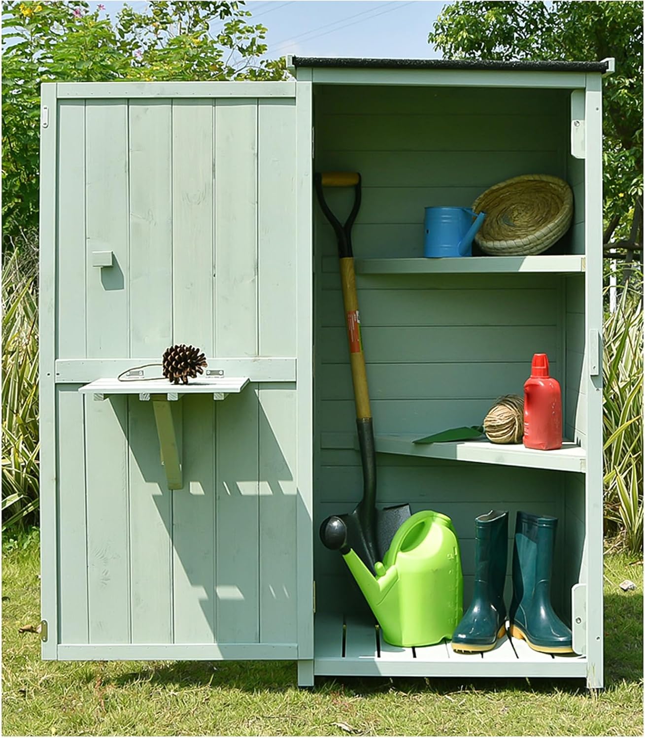 Wooden Outdoor Garden Storage Cabinet with 3 Layer Shelves and Waterproof Roof Green Tool Storage Shed for Patio Lawn Vertical Garden House (Green 142X70X52Cm)