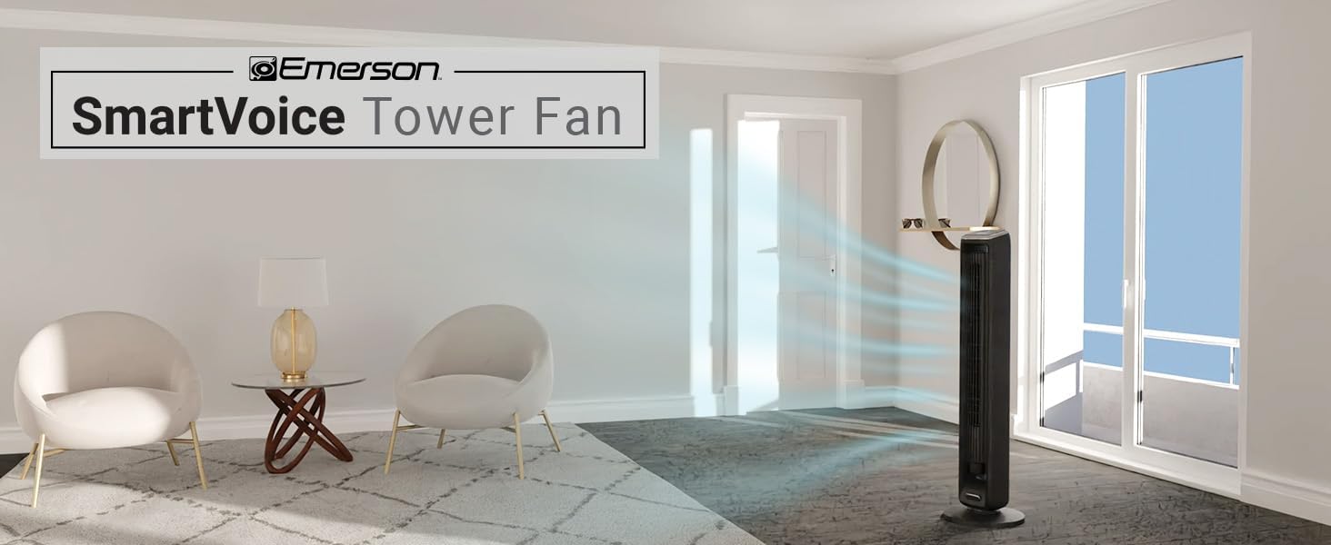 Emerson SmartVoice 42” Bladeless Tower Fan, Offline 40+ Voice Control Commands, No APP, No WIFI, No Setup, 70° Oscillating, 3 Speeds, 15-Hr Timer, Sleep Mode, Remote Control (SmartVoice 42