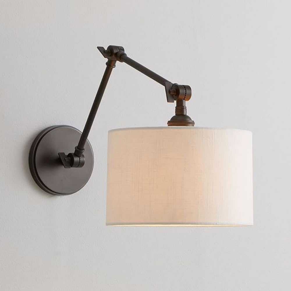 Vintage Swing Arm Wall Lamp Adjustable Bedside Reading Light with Cylinder Fabric Shade Modern Industrial Iron Wall Sconce, Foldable E27 Retro Farmhouse Lighting Fixture for Bedroom
